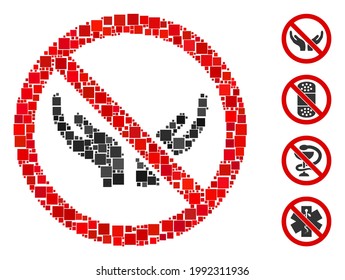 Collage No care hands icon organized from square items in various sizes and color hues. Vector square items are united into abstract mosaic no care hands icon. Bonus icons are placed.