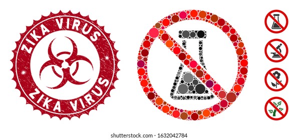 Collage no chemical substance icon and corroded stamp seal with Zika Virus caption and biohazard symbol. Mosaic vector is created with no chemical substance icon and with randomized round items.