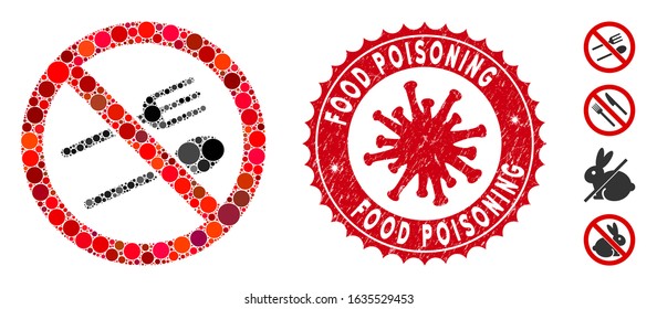 Collage no eating icon and red round grunge stamp seal with Food Poisoning phrase and coronavirus symbol. Mosaic vector is composed with no eating icon and with randomized round elements.