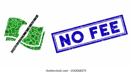 Collage no fee and distressed stamp seal with No Fee phrase. Mosaic vector no fee is formed with random rectangles. No Fee stamp seal uses blue color.
