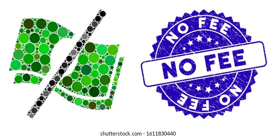 Collage no fee icon and grunge stamp seal with No Fee caption. Mosaic vector is created with no fee pictogram and with random spheric elements. No Fee stamp seal uses blue color, and grunge design.