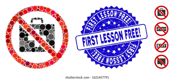 Collage no first-aid icon and rubber stamp seal with First Lesson Free! caption. Mosaic vector is formed with no first-aid icon and with scattered spheric elements.