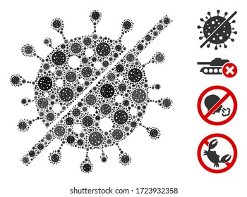 Collage no flu virus composed of flu virus icons in random sizes and color hues. Vector viral elements are composed into abstract collage no flu virus icon. Some bonus icons are added.