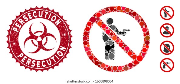Collage no gun using icon and rubber stamp seal with Persecution text and biohazard symbol. Mosaic vector is designed with no gun using icon and with randomized round elements.