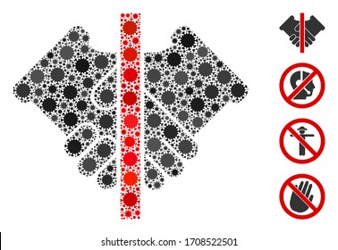 Collage no handshake constructed from flu virus icons in various sizes and color hues. Vector infection items are composed into abstract collage no handshake icon. Some bonus icons are added.