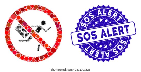 Collage no mail courier icon and distressed stamp seal with Sos Alert text. Mosaic vector is designed with no mail courier icon and with randomized spheric elements.