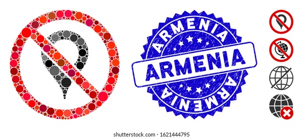 Collage no map marker icon and grunge stamp seal with Armenia text. Mosaic vector is composed with no map marker pictogram and with scattered spheric elements. Armenia stamp seal uses blue color,