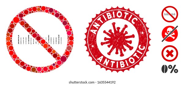 Collage no measure icon and red round grunge stamp watermark with Antibiotic caption and coronavirus symbol. Mosaic vector is composed with no measure icon and with scattered spheric spots.