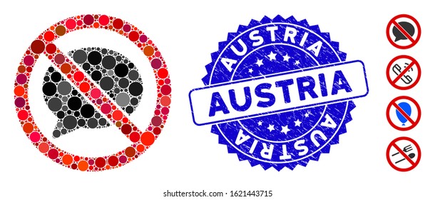 Collage no message cloud icon and grunge stamp seal with Austria caption. Mosaic vector is created with no message cloud icon and with randomized round items. Austria seal uses blue color,