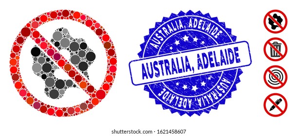 Collage no microbe icon and grunge stamp seal with Australia, Adelaide text. Mosaic vector is formed with no microbe icon and with randomized circle elements. Australia,