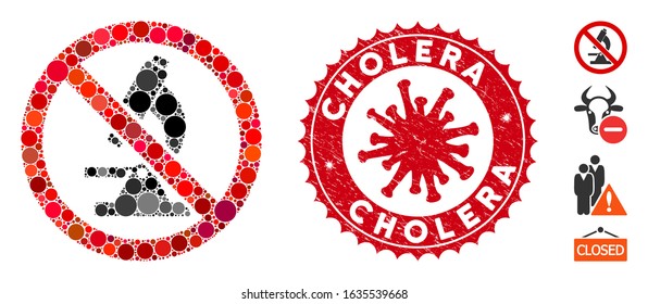 Collage no microscope icon and red rounded rubber stamp seal with Cholera caption and coronavirus symbol. Mosaic vector is formed from no microscope icon and with scattered circle items.