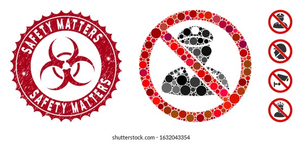 Collage no military officer icon and corroded stamp seal with Safety Matters text and biohazard symbol. Mosaic vector is created with no military officer pictogram and with randomized spheric items.