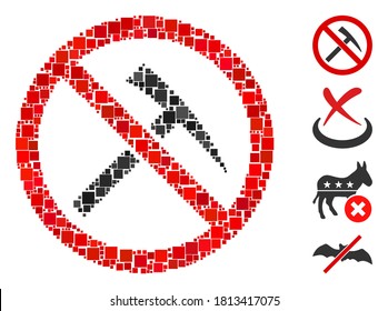 Collage No mining tools icon designed from square items in various sizes and color hues. Vector square items are composed into abstract composition no mining tools icon. Bonus icons are added.