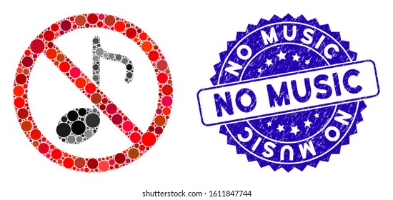 Collage no music note icon and distressed stamp seal with No Music phrase. Mosaic vector is designed with no music note icon and with randomized round elements. No Music stamp seal uses blue color,