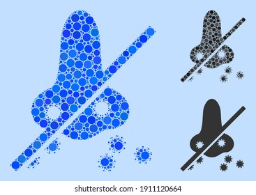 Collage No nasal virus spread icon composed of round elements in various sizes, positions and proportions. Vector blue spheric elements are grouped into abstract collage no nasal virus spread icon.