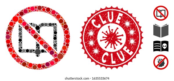 Collage no open book icon and red rounded rubber stamp seal with Clue phrase and coronavirus symbol. Mosaic vector is created with no open book icon and with random circle elements.