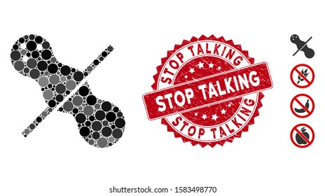 Collage no peanuts icon and grunge stamp seal with Stop Talking text. Mosaic vector is composed with no peanuts pictogram and with scattered spheric items. Stop Talking stamp seal uses red color,