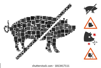 Collage No pork icon united from square elements in variable sizes and color hues. Vector square elements are composed into abstract mosaic no pork icon. Bonus icons are added.