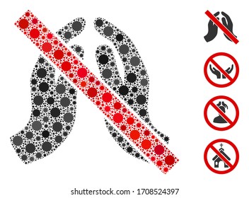 Collage no praying hands constructed from coronavirus items in various sizes and color hues. Vector pathogen items are composed into abstract collage no praying hands icon. Some bonus icons are added.