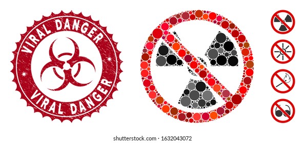 Collage no radioactive icon and distressed stamp seal with Viral Danger text and biohazard symbol. Mosaic vector is created with no radioactive icon and with random circle spots.
