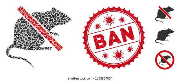 Collage no rat icon and red round grunge stamp seal with Ban phrase and coronavirus symbol. Mosaic vector is designed with no rat icon and with scattered ragged elements. Ban seal uses red color,