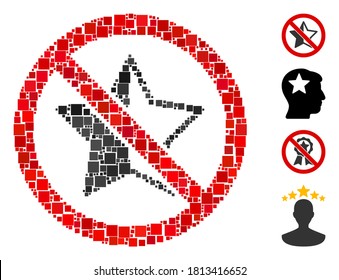 Collage No rating star icon composed of square elements in random sizes and color hues. Vector square elements are united into abstract collage no rating star icon. Bonus pictograms are placed.