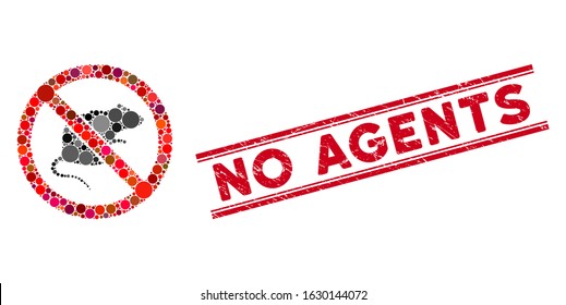 Collage no rats icon and distressed stamp seal with No Agents text between double parallel lines. Mosaic vector is created with no rats icon and with scattered round elements.