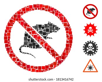 Collage No rats icon united from square items in variable sizes and color hues. Vector square items are united into abstract composition no rats icon. Bonus icons are added.