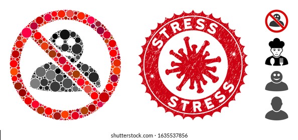 Collage no sad user icon and red rounded rubber stamp seal with Stress caption and coronavirus symbol. Mosaic vector is formed from no sad user icon and with scattered spheric items.