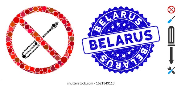 Collage no screwdriver tuning icon and rubber stamp watermark with Belarus text. Mosaic vector is designed with no screwdriver tuning icon and with scattered round spots. Belarus seal uses blue color,