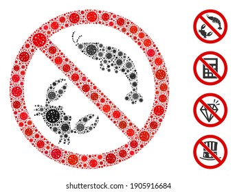 Collage no seafood composed of flu virus icons in random sizes and color hues. Vector viral items are composed into abstract mosaic no seafood icon. Some bonus icons are added.