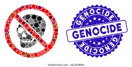 Collage no skeleton skull icon and rubber stamp watermark with Genocide caption. Mosaic vector is formed with no skeleton skull icon and with scattered spheric items.