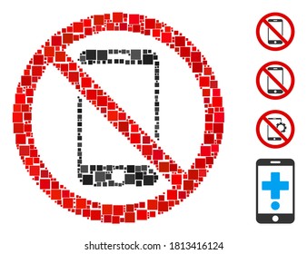 Collage No smartphone icon united from square elements in various sizes and color hues. Vector square elements are united into abstract collage no smartphone icon. Bonus pictograms are added.