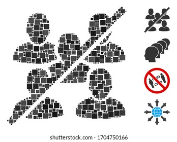 Collage No social group icon united from square elements in random sizes and color hues. Vector square elements are organized into abstract collage no social group icon. Bonus pictograms is placed.