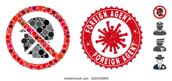 Collage no soldier icon and red round distressed stamp seal with Foreign Agent text and coronavirus symbol. Mosaic vector is formed with no soldier icon and with randomized round items.