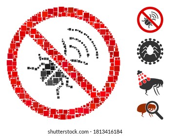 Collage No spy bug icon designed from square elements in variable sizes and color hues. Vector square elements are arranged into abstract collage no spy bug icon. Bonus pictograms are added.