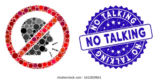 Collage no talking icon and grunge stamp seal with No Talking text. Mosaic vector is composed from no talking icon and with randomized round elements. No Talking stamp seal uses blue color,