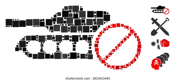 Collage No tanks icon composed of square items in variable sizes and color hues. Vector square items are grouped into abstract mosaic no tanks icon. Bonus pictograms are added.