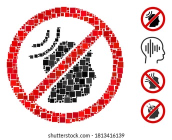 Collage Keine telepathischen Wellen Symbol aus quadratischen Elementen in verschiedenen Größen und Farben. Vektorquadratische Elemente sind in abstrakte Collage ohne Telepathie-Wellen-Symbol gruppiert. Bonuspiktogramme werden platziert.