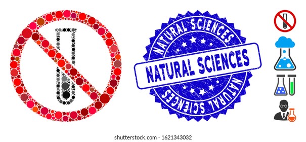 Collage no test-tube icon and rubber stamp seal with Natural Sciences caption. Mosaic vector is created with no test-tube icon and with scattered circle items. Natural Sciences seal uses blue color,