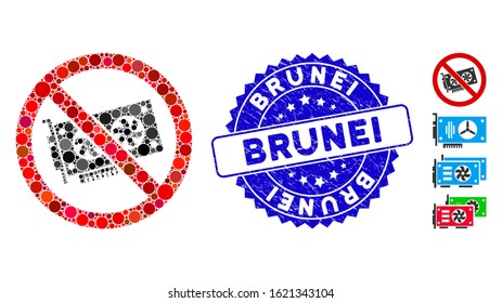 Collage no videocard icon and rubber stamp seal with Brunei caption. Mosaic vector is designed with no videocard icon and with randomized circle spots. Brunei seal uses blue color, and rubber design.
