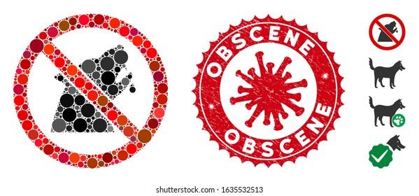 Collage no werewolf icon and red rounded corroded stamp seal with Obscene caption and coronavirus symbol. Mosaic vector is designed with no werewolf icon and with randomized spheric elements.