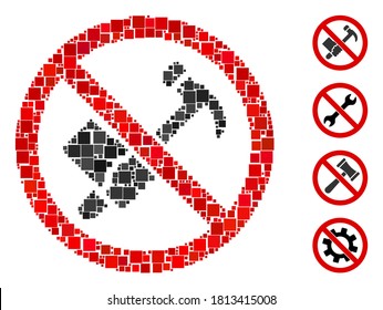 Collage No working hammer icon constructed from square items in various sizes and color hues. Vector square items are united into abstract collage no working hammer icon. Bonus icons are placed.