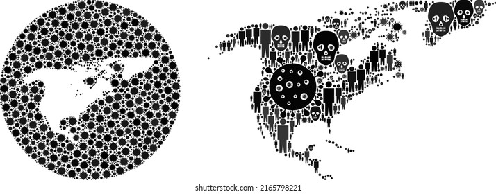 Collage North America and Greenland map united from SARS virus elements and humans and mortal elements. Pandemic virus North America and Greenland map collage created with circle and carved shape.