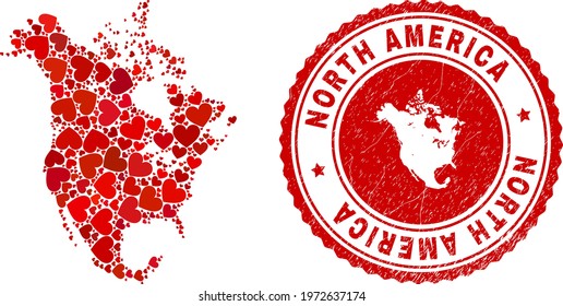 Collage North America v2 map formed from red love hearts, and dirty seal stamp. Vector lovely round red rubber seal stamp imitation with North America v2 map inside.