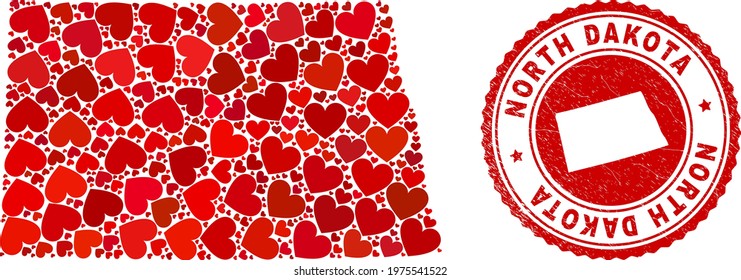 Collage North Dakota State map formed with red love hearts, and rubber seal stamp. Vector lovely round red rubber seal imprint with North Dakota State map inside.