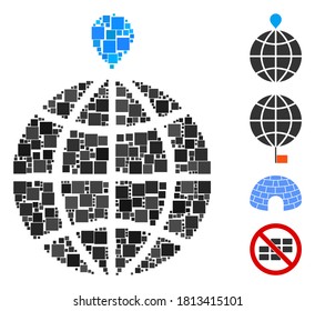 Collage North pole icon organized from square items in random sizes and color hues. Vector square elements are united into abstract collage north pole icon. Bonus icons are placed.