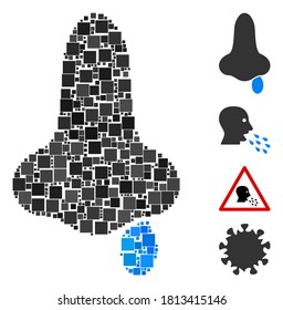 Icono de la gripe de la nariz de la sangre construido a partir de elementos cuadrados en varios tamaños y tonos de color. Los elementos cuadrados vectoriales se organizan en un ícono abstracto de gripe nasal. Se agregan iconos de bonificación.