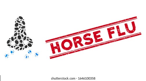 Collage nose flu sikness icon and rubber stamp seal with red Horse Flu phrase between double parallel lines. Mosaic vector is formed with nose flu sikness icon and with random elliptic spots.