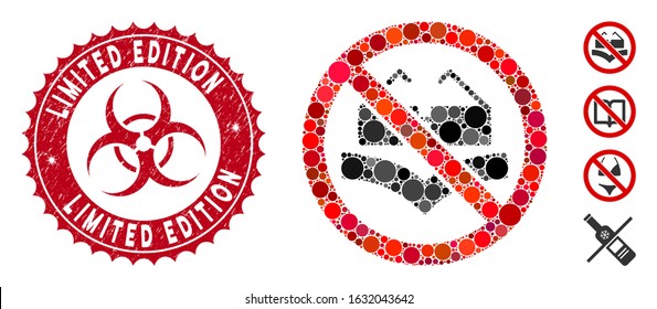 Collage not read books icon and rubber stamp seal with Limited Edition phrase and biohazard symbol. Mosaic vector is composed with not read books icon and with randomized circle elements.